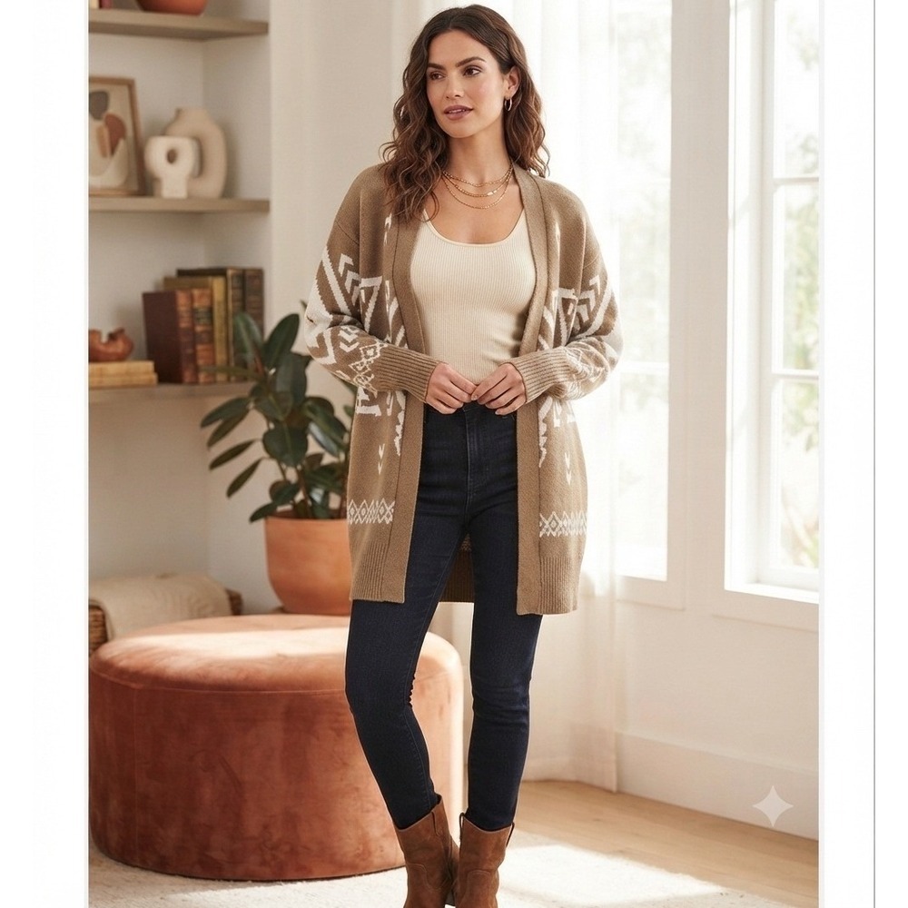 Ruby Moon Women Tan White Geometric Pattern Long Open Front Cardigan Sweater XS